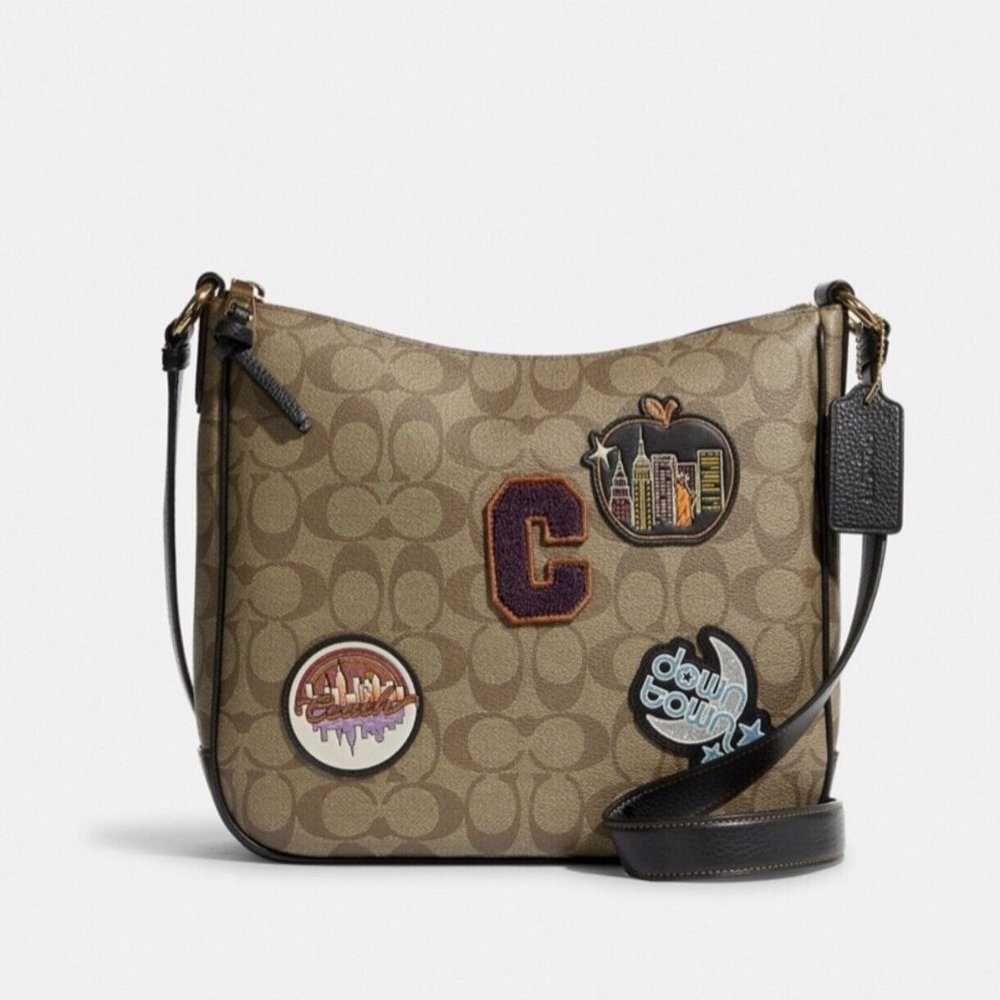 NWT COACH ELLIE FILE BAG IN SIGNATURE CANVAS WITH DISCO PATCHES CRTOSSBODY